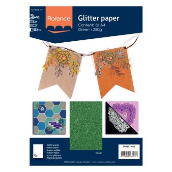  Florence - Glitzerpapier 5 Bogen A4 - Grün - Selbstklebendes Glitzerpapier 