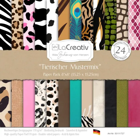 LaCreativ - Designpapier "Tierischer Mustermix" Paper Pack 6x6" - 24 Bogen