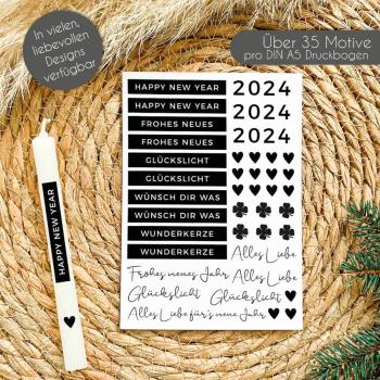Kerzentattoos "Happy new year" DIN A5 | Kerzensticker | Wasserschiebefolie | Kerzenaufkleber
