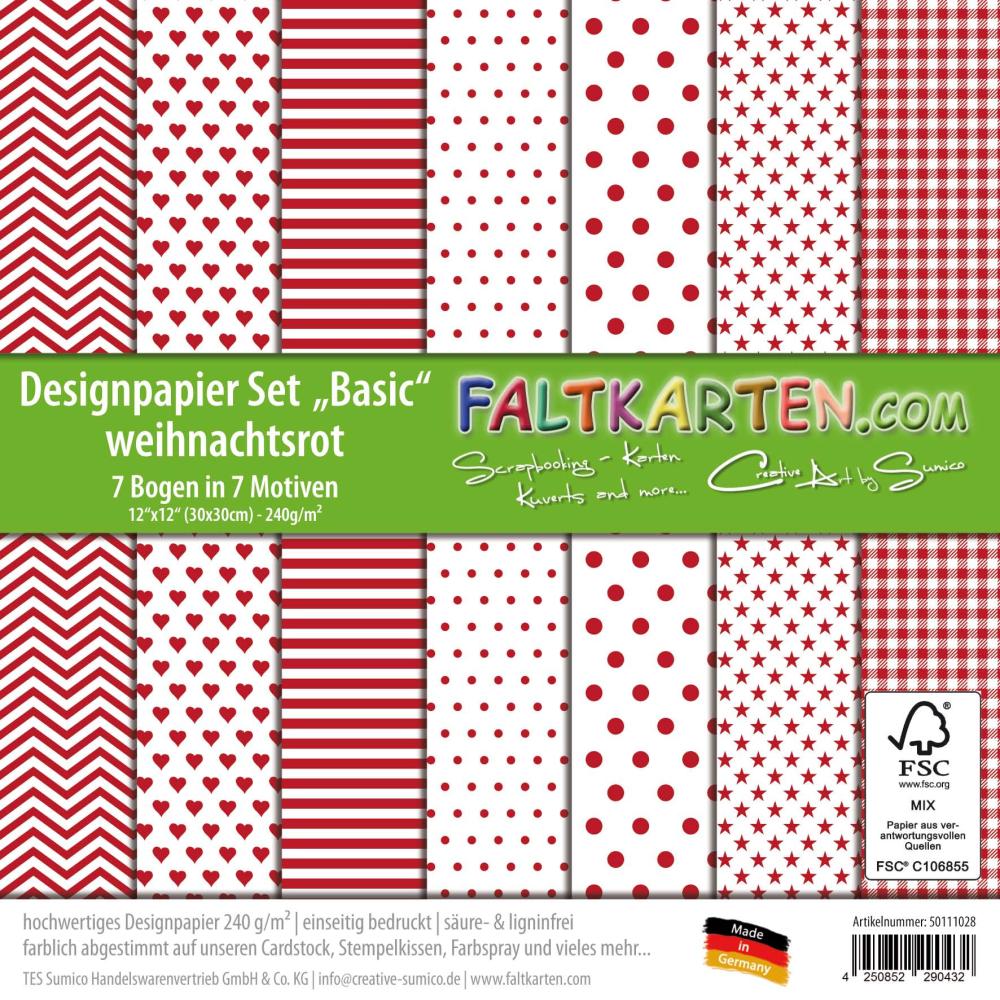 Designpapier 12"x12" 170gr "Basic Set" in weihnachtsrot