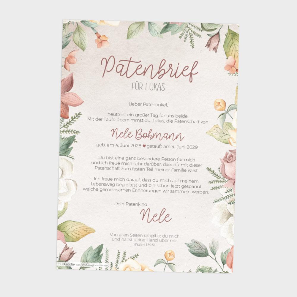 Patenbrief "Blumen" | Taufgeschenk | Taufe | Patengeschenk | personalisiert