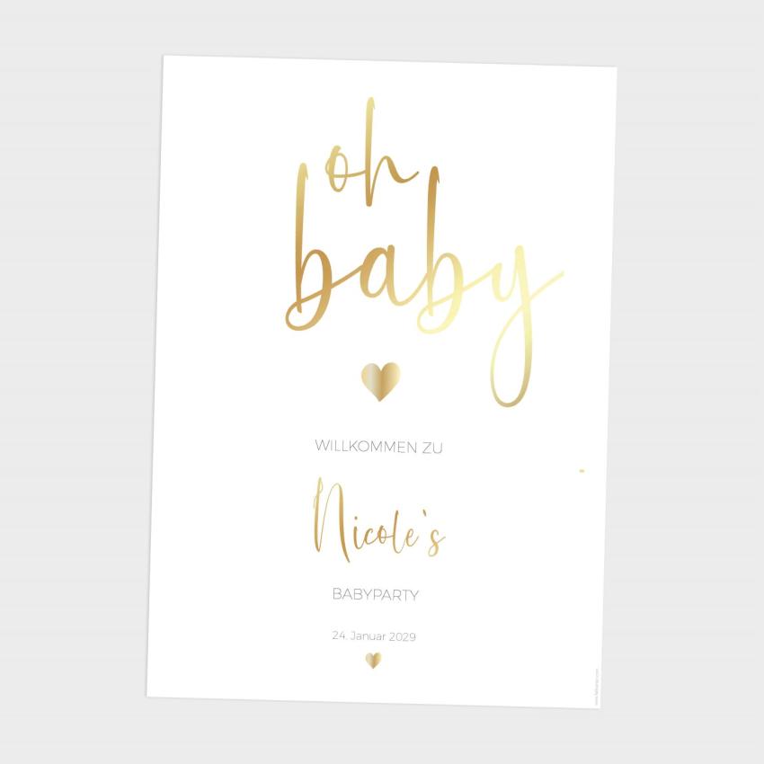 Metallicposter "Babyparty Oh Baby" | Goldposter | Willkommensschild | Personalisiertes Poster 