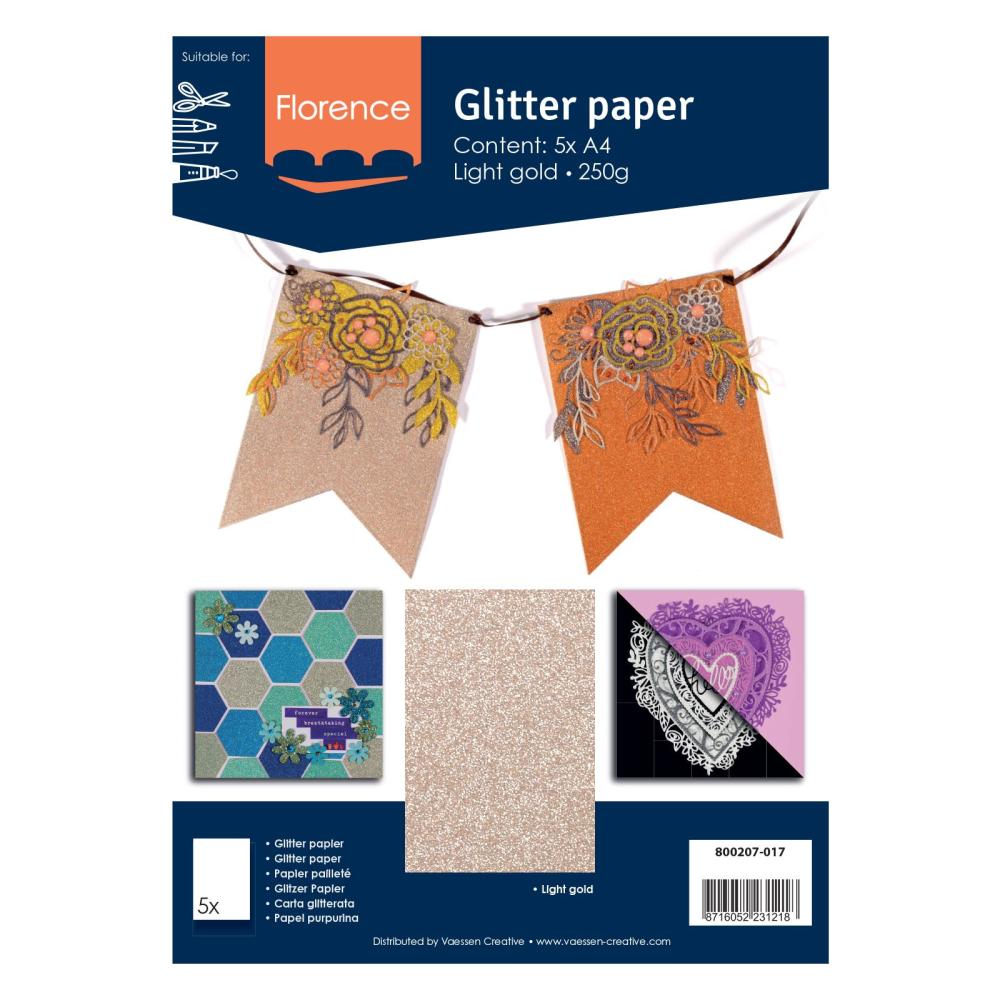  Florence - Glitzerpapier 5 Bogen A4 - Hellgold - Selbstklebendes Glitzerpapier 