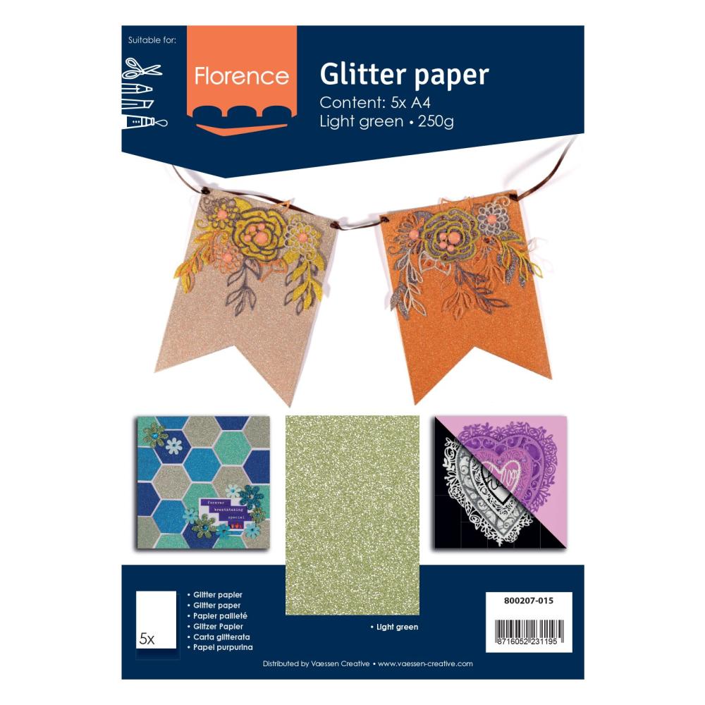  Florence - Glitzerpapier 5 Bogen A4 - Hellgrün - Selbstklebendes Glitzerpapier 