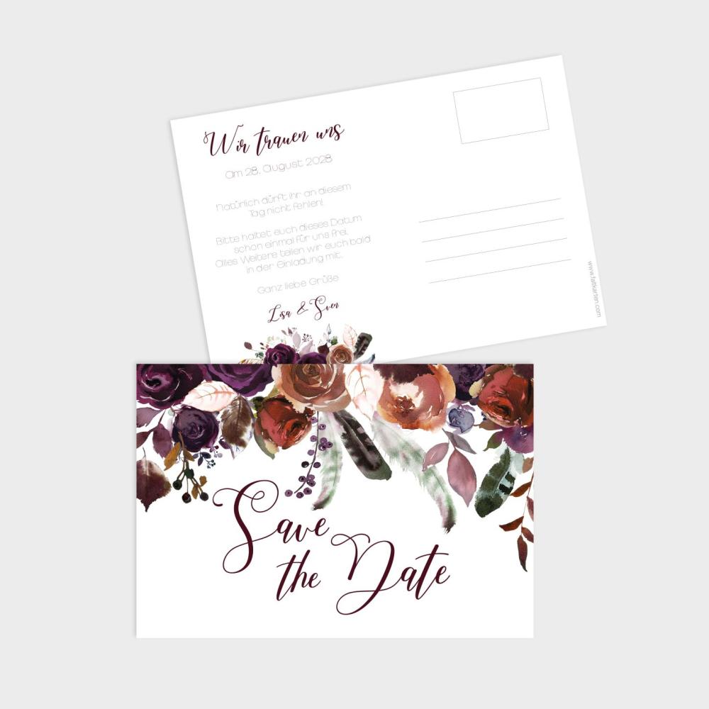 Save the Date "Boho Violett-Flower" DIN B6 Postkarte