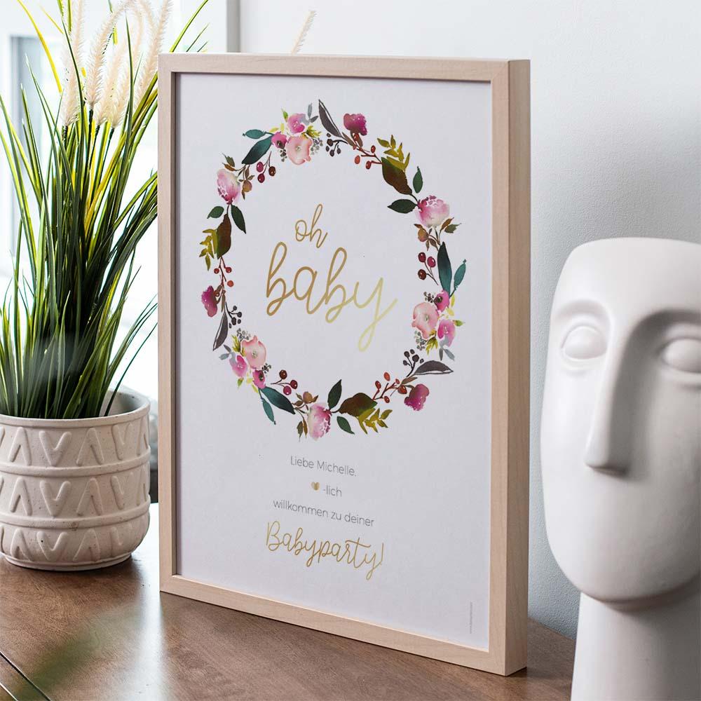 Metallicposter "Babyparty Blumenkranz" | Goldposter | Willkommensschild | Personalisiertes Poster 