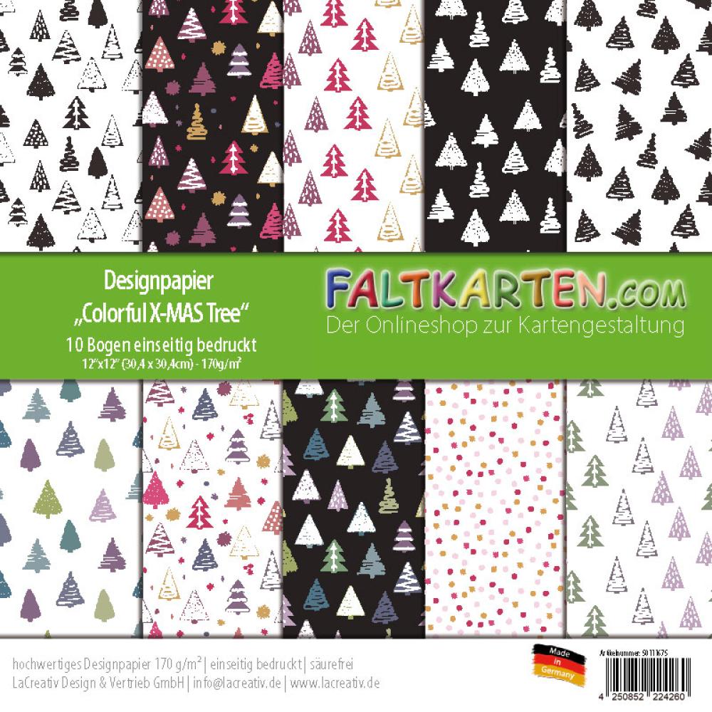 Designpapier 12"x12" 170gr "Colorful X-MAS Tree" 10 Bogen