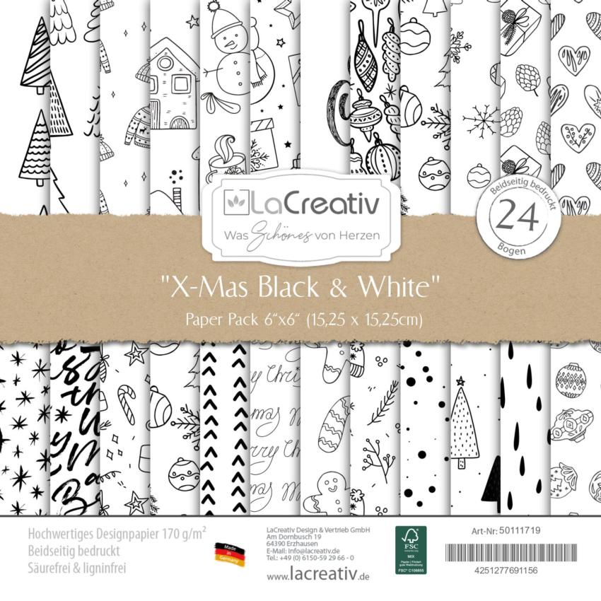 LaCreativ - Designpapier "X-Mas Black & White" Paper Pack 6x6" - 24 Bogen