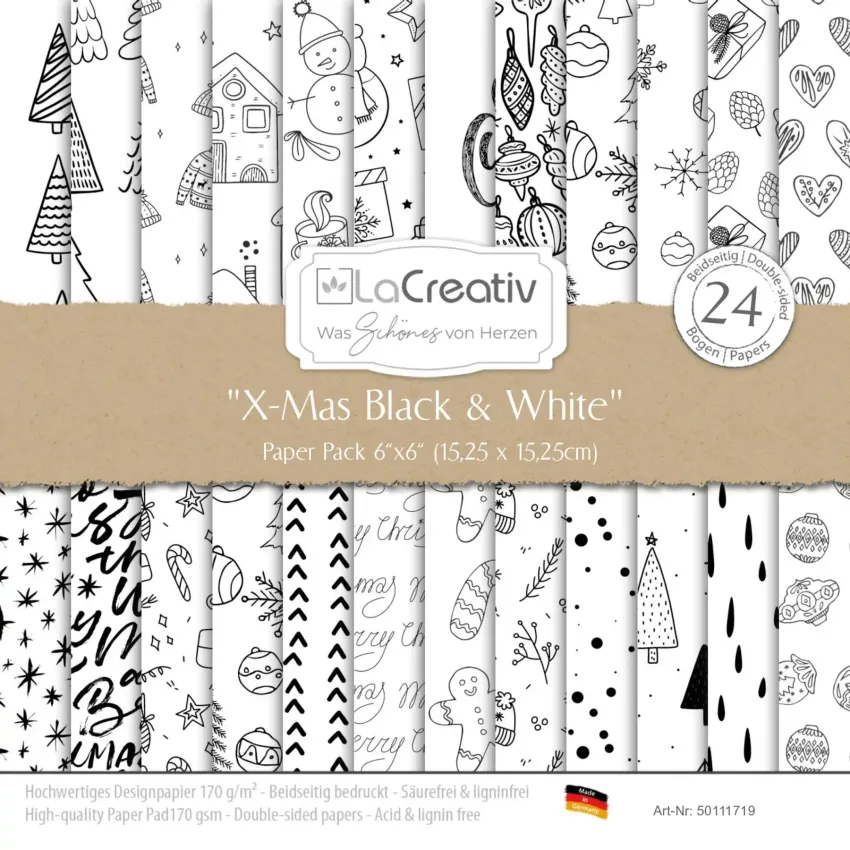 LaCreativ - Designpapier "X-Mas Black & White" Paper Pack 6x6" - 24 Bogen