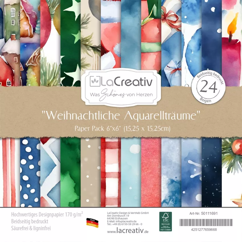 LaCreativ - Designpapier "Weihnachtliche Aquarellträume" Paper Pack 6x6" - 24 Bogen