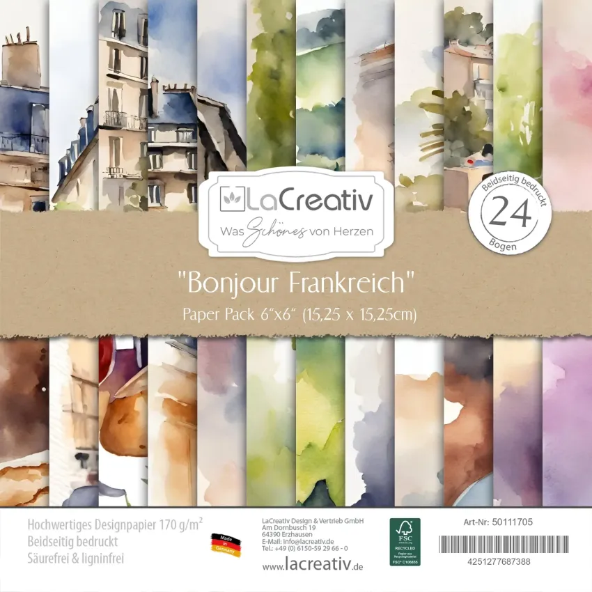 LaCreativ - Designpapier "Bonjour Frankreich" Paper Pack 6x6" - 24 Bogen