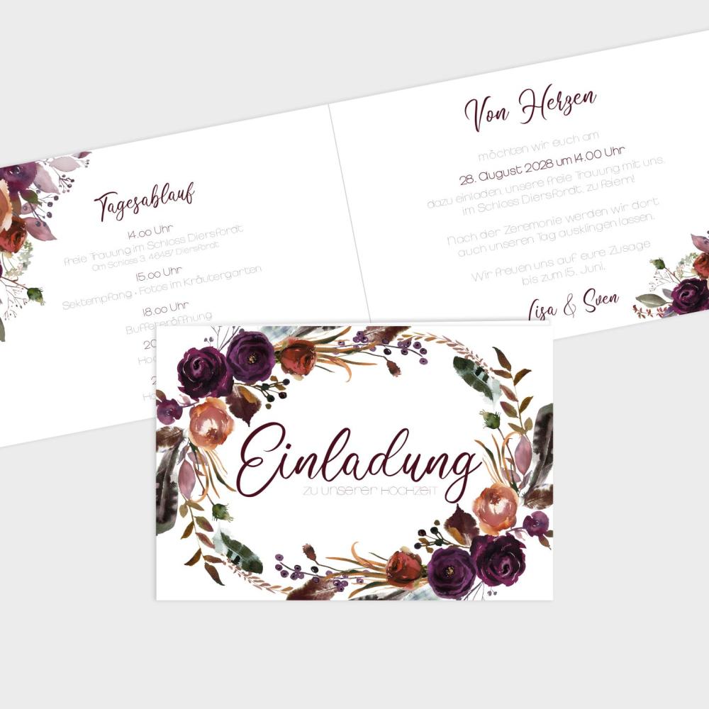 Einladung "Boho Violett-Flower" DIN B6 Klappkarte